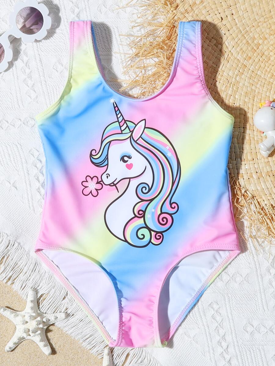 小女童獨角獸印花連體泳衣 - 彩色 - 查看 1
