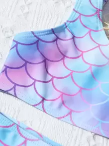 Young Girl Fish Scale Print One Shoulder Bikini Set Summer Beach