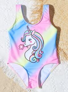 小女童獨角獸印花連體泳衣 - 彩色 - 查看 3