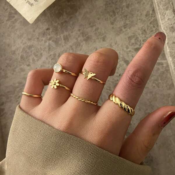 

6pcs Butterfly & Flower Decor Ring, Gold