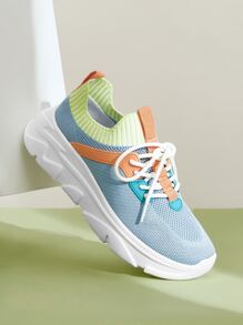 Colorblock Lace Up Decor Knit Sneakers - Blue - View 4