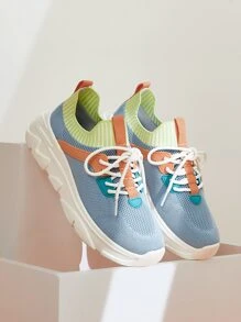 Colorblock Lace Up Decor Knit Sneakers - Blue - View 6