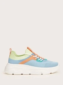 Colorblock Lace Up Decor Knit Sneakers - Blue - View 7