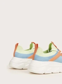 Colorblock Lace Up Decor Knit Sneakers - Blue - View 5
