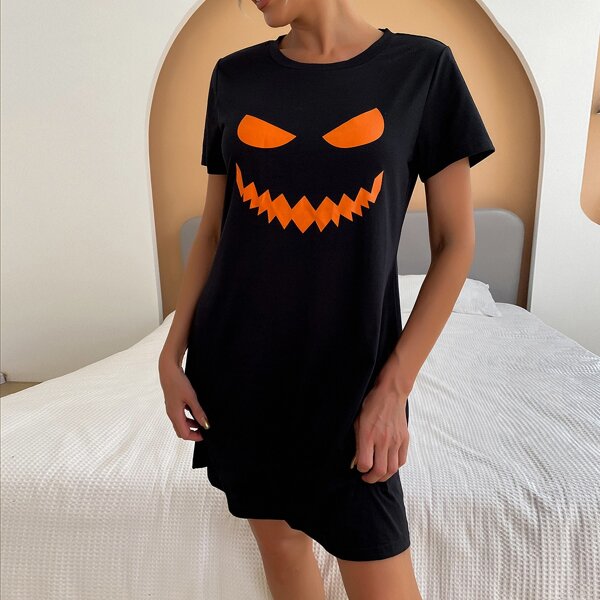 

Halloween Print Crew Neck Sleepshirt, Black
