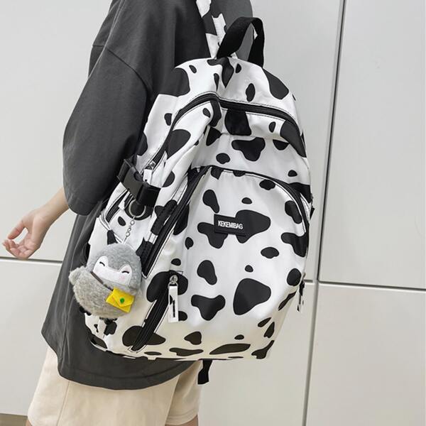 

Letter Patch Doll Decor Cow Pattern Backpack, Black and white