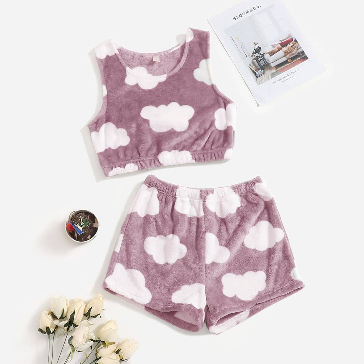 

Cloud Print Flannel Tank PJ Set, Pink