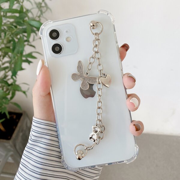 

Butterfly Decor Chain Hand Strap Phone Case, Clear