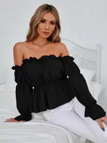 SHEIN Frenchy 露肩褶袖荷叶边衬衫荷叶边上衣 - 黑色 - 查看 1