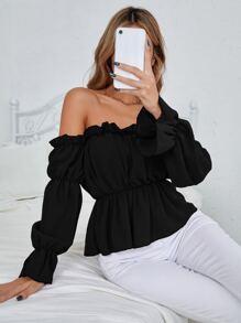 SHEIN Frenchy 露肩褶袖荷叶边衬衫荷叶边上衣 - 黑色 - 查看 4