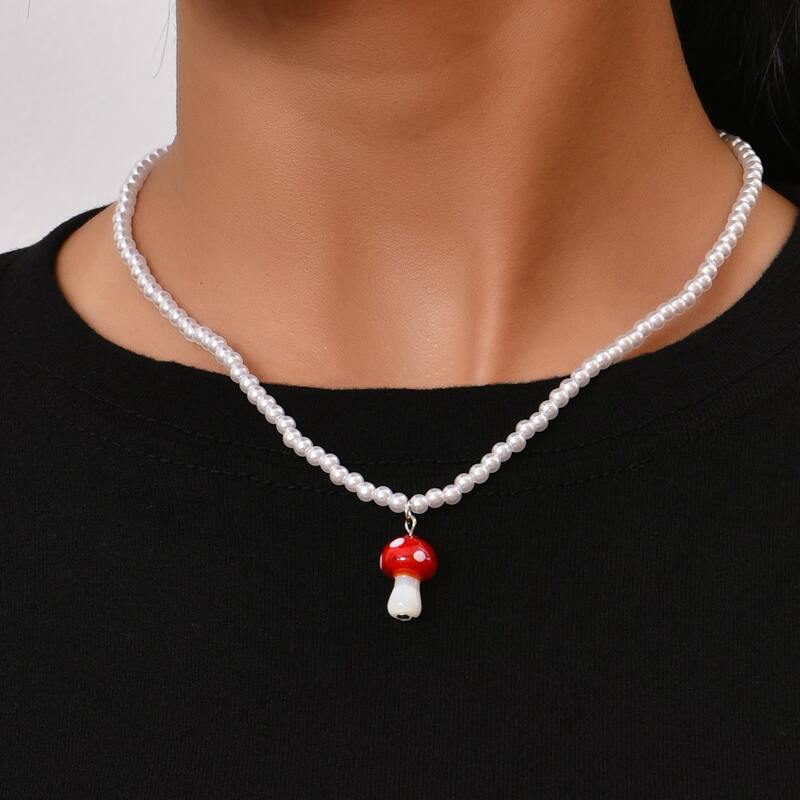 

Mushroom Decor Faux Pearl Beaded Necklace, Multicolor
