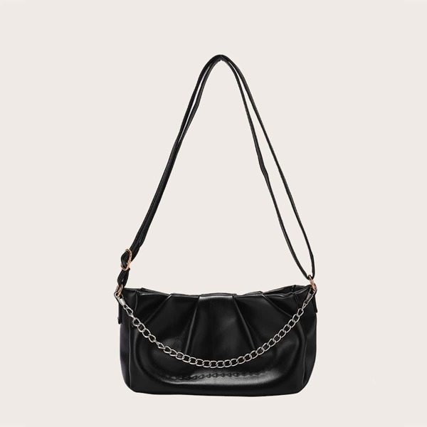 

Girls Minimalist Ruched Design Chain Decor Shoulder Bag, Black