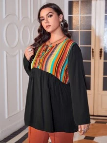 Áo sơ mi Plus Size Thắt nơ trước Sọc Giải trí - màu đen - Xem 1