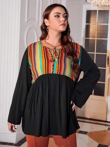 Áo sơ mi Plus Size Thắt nơ trước Sọc Giải trí - màu đen - Xem 3