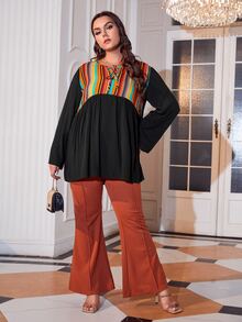 Áo sơ mi Plus Size Thắt nơ trước Sọc Giải trí - màu đen - Xem 4