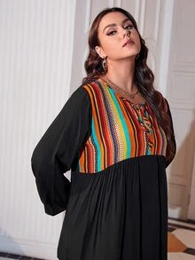 Áo sơ mi Plus Size Thắt nơ trước Sọc Giải trí - màu đen - Xem 5