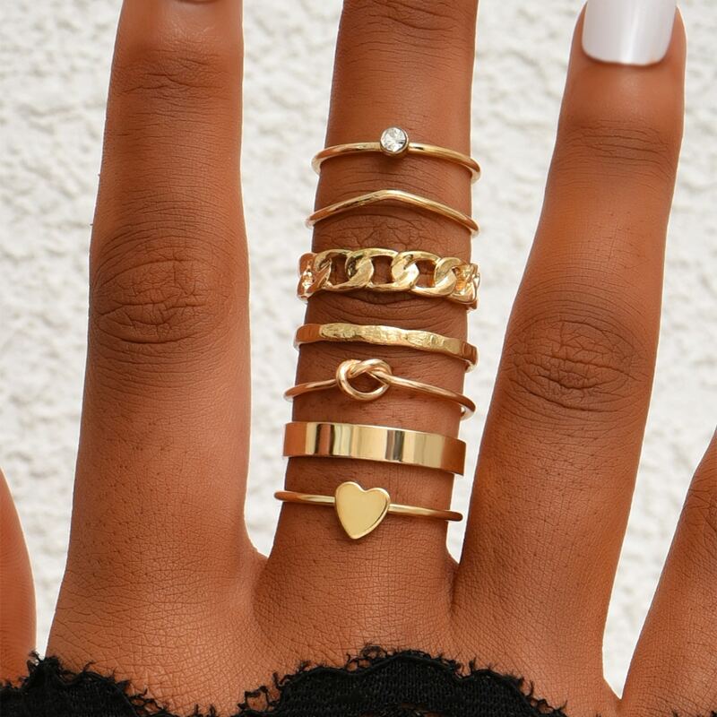 

7pcs Heart Decor Ring, Gold