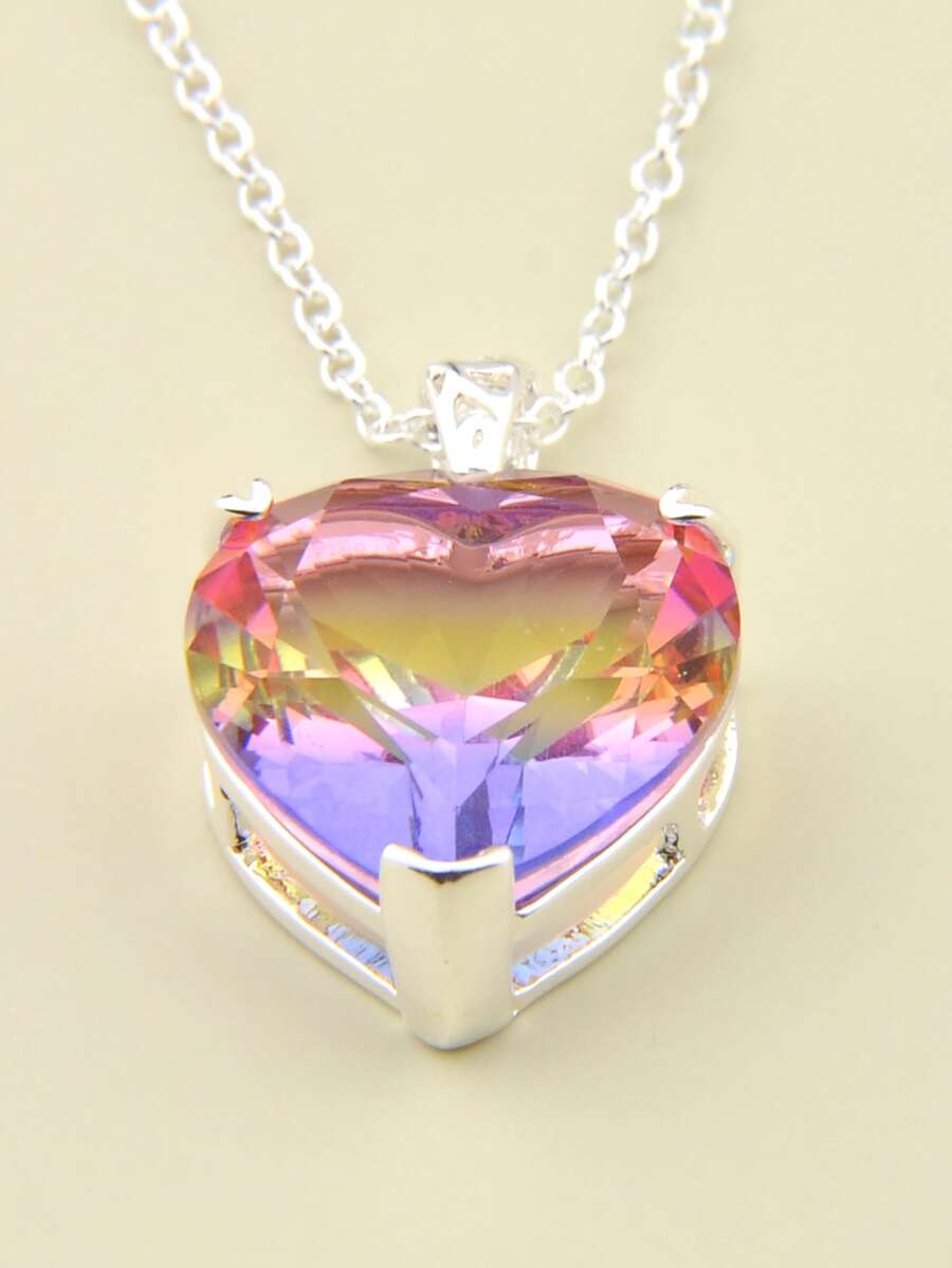 1 件心形彩色绿柱石吊坠项链，简约时尚，适合夏季