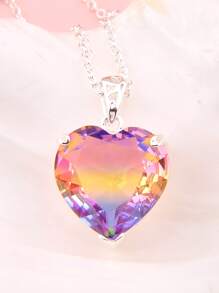 1 件心形彩色绿柱石吊坠项链，简约时尚，适合夏季