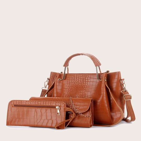 

3pcs Croc Embossed Tote Bag Set, Brown