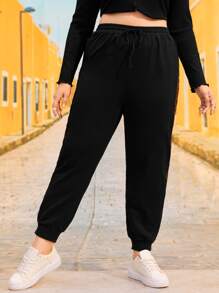 SHEIN Plus Contrast Sequins Side Joggers - Black - View 4