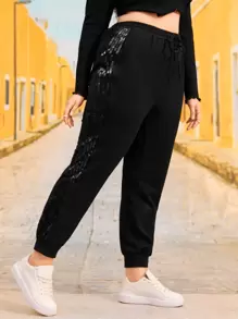 SHEIN Plus Contrast Sequins Side Joggers - Black - View 1