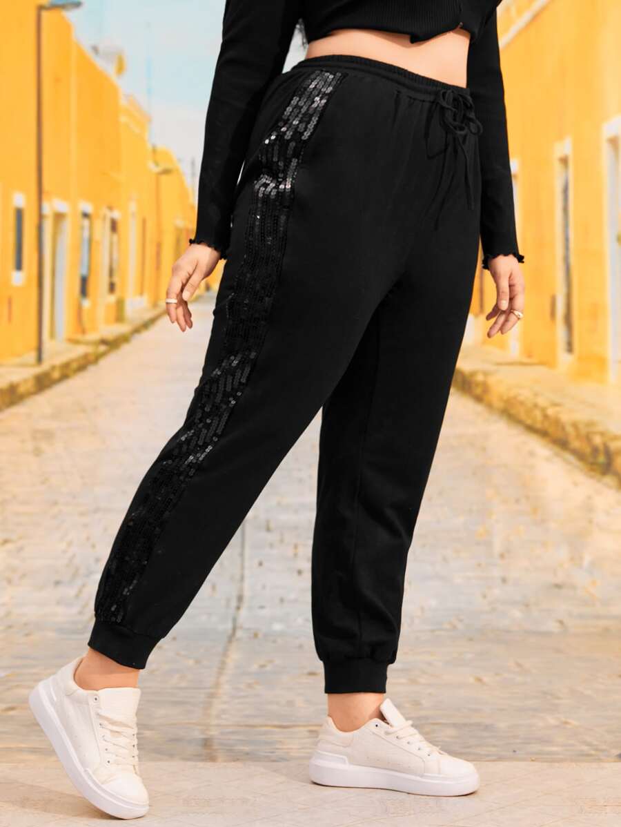 SHEIN Plus Contrast Sequins Side Joggers - Black - View 1