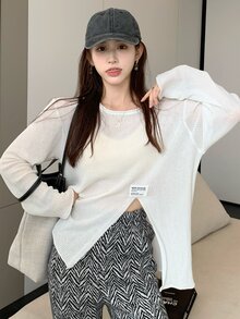 落肩袖補丁貼下擺開叉大碼套頭衫毛衣 - 白色 - 查看 4