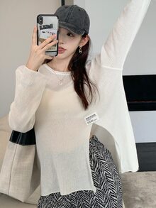 落肩袖補丁貼下擺開叉大碼套頭衫毛衣 - 白色 - 查看 5