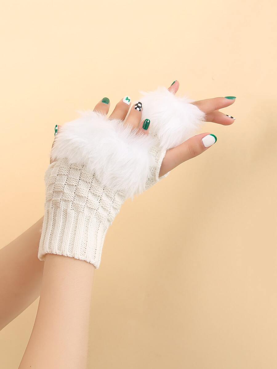 Fluffy Trim Fingerless Gloves - White - View 1