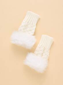 Fluffy Trim Fingerless Gloves - White - View 2
