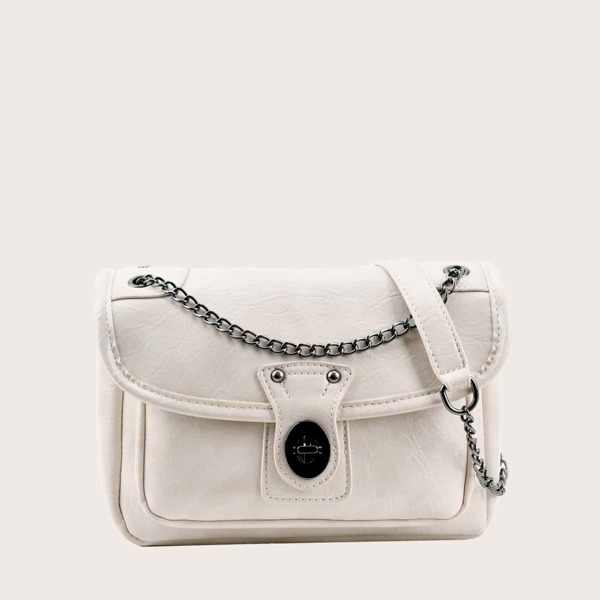 

Studded Stitch Detail Chain Decor Flap Shoulder Bag, White