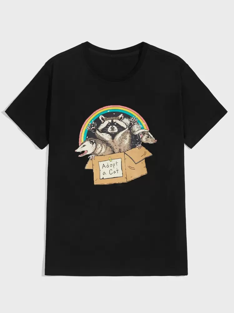 Vincenttrinidadart ROMWE MEN Men Letter Rainbow & Animal Graphic Tee - Black - View 1