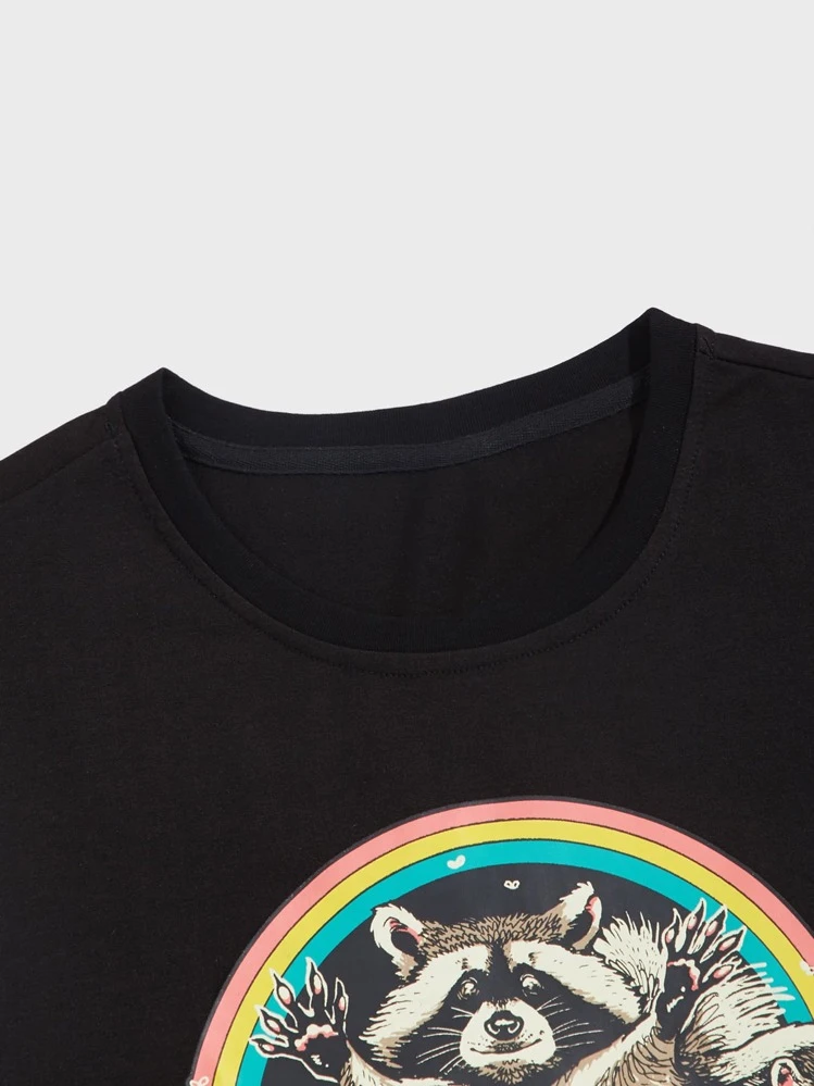 Vincenttrinidadart ROMWE MEN Men Letter Rainbow & Animal Graphic Tee - Black - View 3