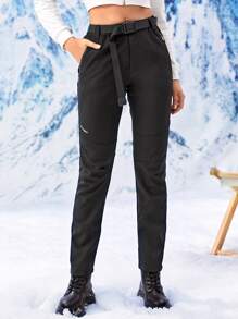 Solid Wind-Proof Waterproof Sports Pants With Belt - Black - View 4