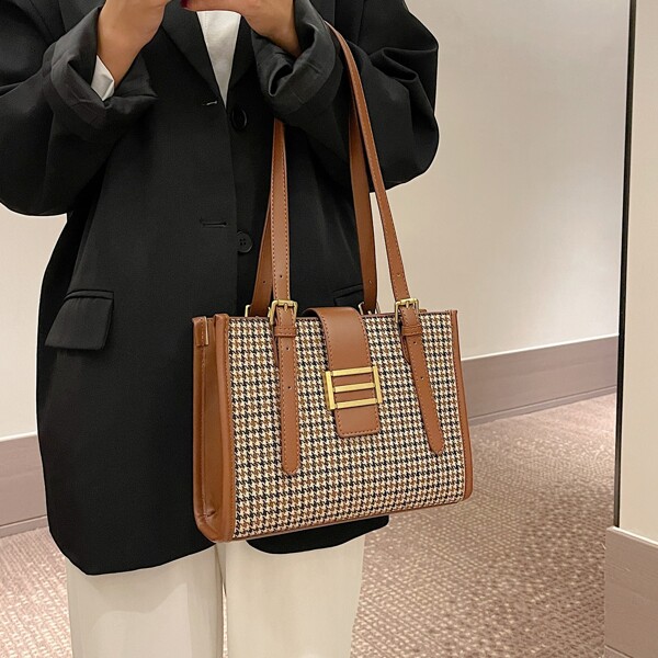 

Houndstooth Pattern Shoulder Tote Bag, Multicolor