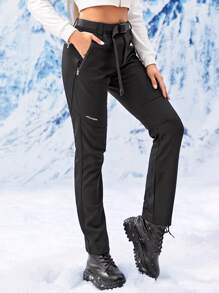 Solid Wind-Proof Waterproof Sports Pants With Belt - Black - View 5