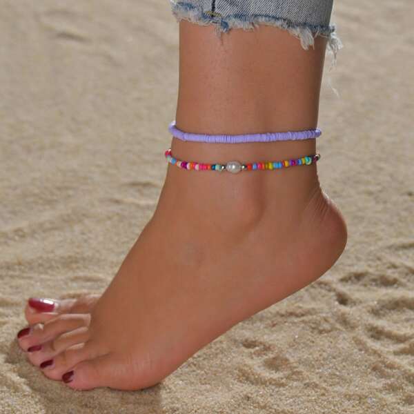 

2pcs Girls Beaded Anklet, Purple