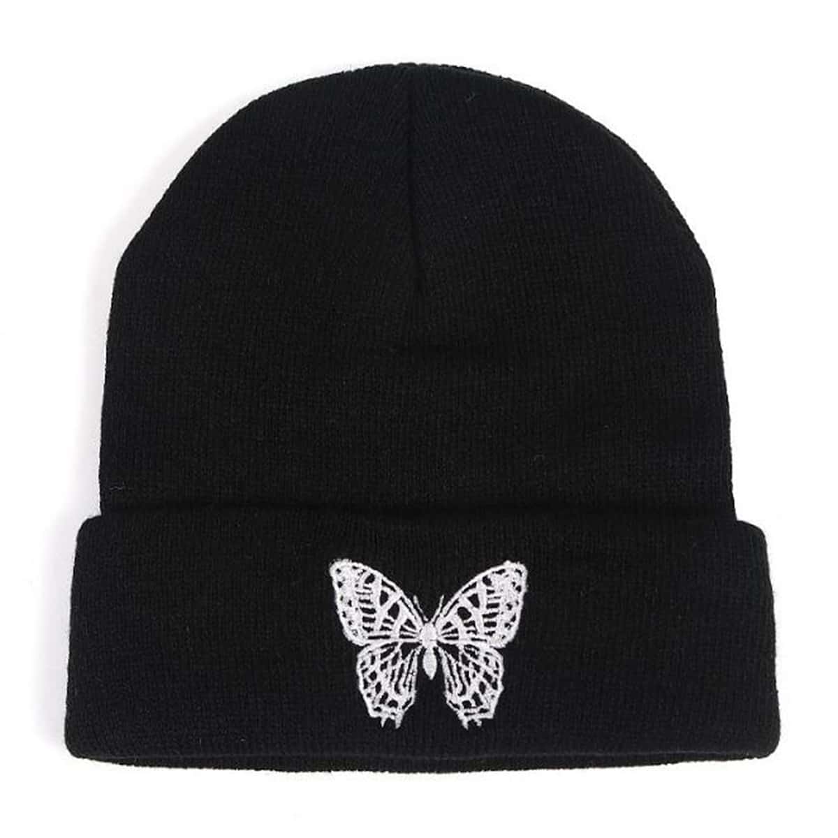 

Butterfly Embroidery Beanie, Black