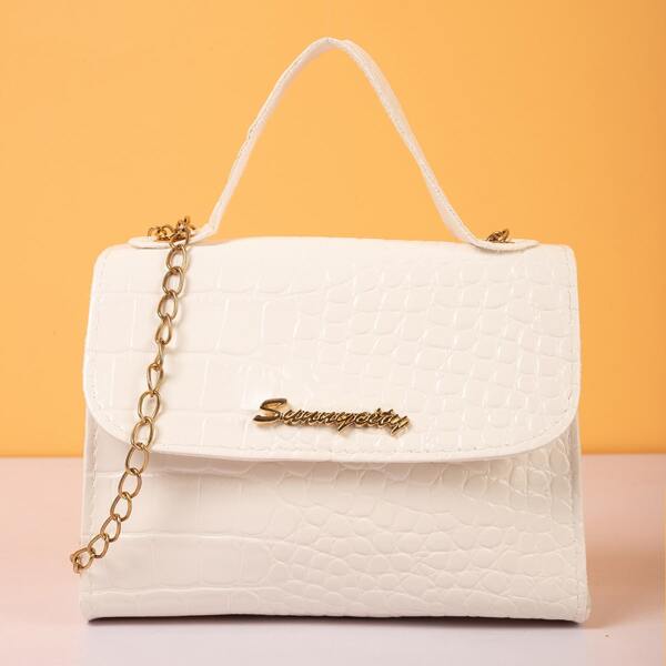 

Letter Graphic Croc Embossed Flap Square Bag, White