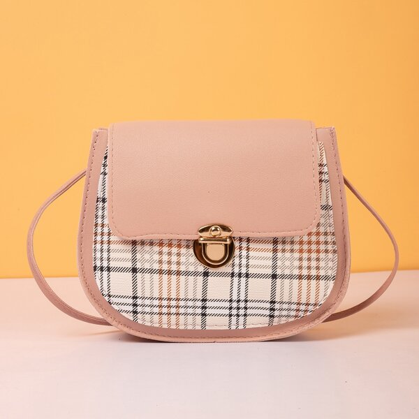 

Plaid Pattern Push Lock Crossbody Bag, Pink