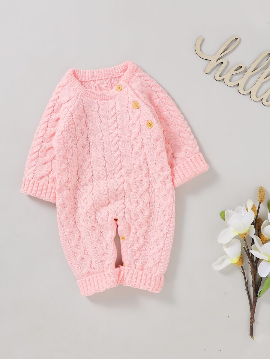 Baby Girl Button Detail Cable Knit Jumpsuit - Baby Pink - View 1