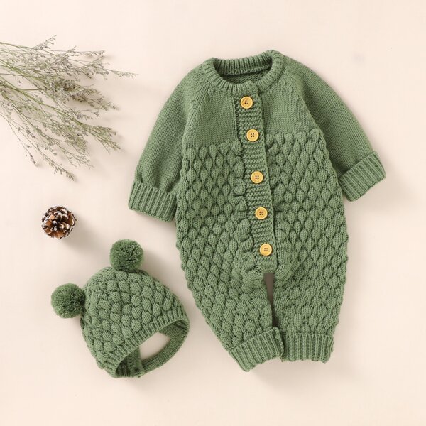 

Baby Raglan Sleeve Single Breasted Knit Jumpsuit & Pompom Patched Hat, Green