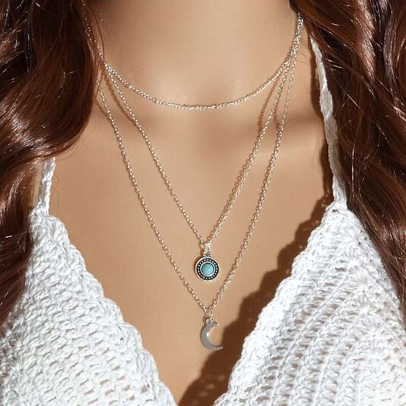 

Moon Decor Layered Chain Necklace, Silver