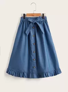 SHEIN Niñas Falda con botón delantero bajo con fruncido con cinturón - Azul - Ver 1