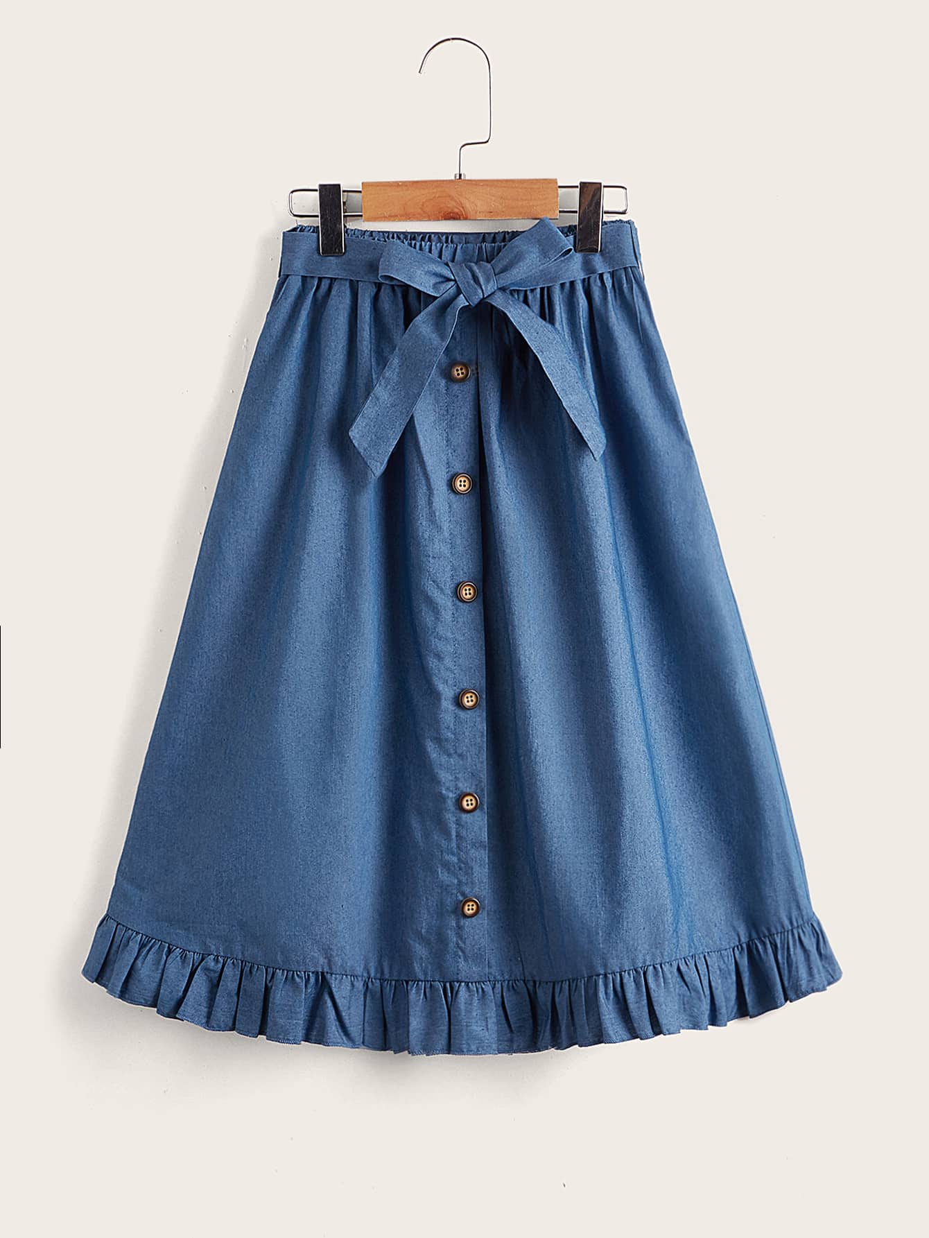 SHEIN Niñas Falda con botón delantero bajo con fruncido con cinturón - Azul - Ver 1