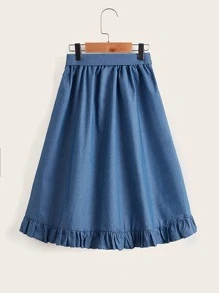 SHEIN Niñas Falda con botón delantero bajo con fruncido con cinturón - Azul - Ver 2