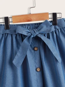 SHEIN Niñas Falda con botón delantero bajo con fruncido con cinturón - Azul - Ver 3