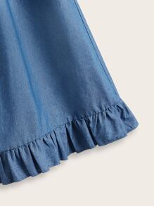 SHEIN Niñas Falda con botón delantero bajo con fruncido con cinturón - Azul - Ver 4