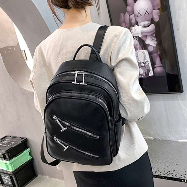 

Zip Decor Pocket Front Backpack, Black